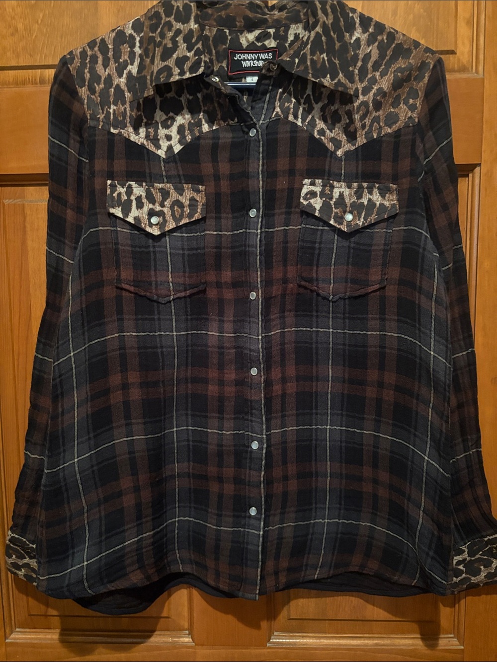 Johnny Was Brown and Black Plaid Shirt with Leopard Yoke